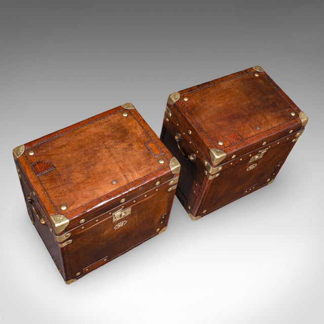 Brown Pair of Late Vintage Campaign Luggage Trunks, English Leather Bedside Nightstand For Sale - Image 8 of 12