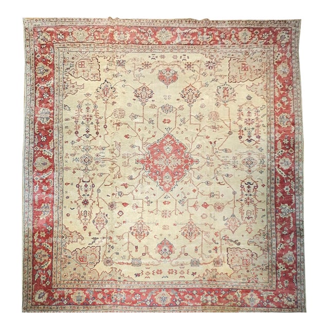 Antique Turkish Oushak Rug, Hand-Knotted Wool, Allover Geometric Pattern, Tan & Red, 14' X 15' For Sale