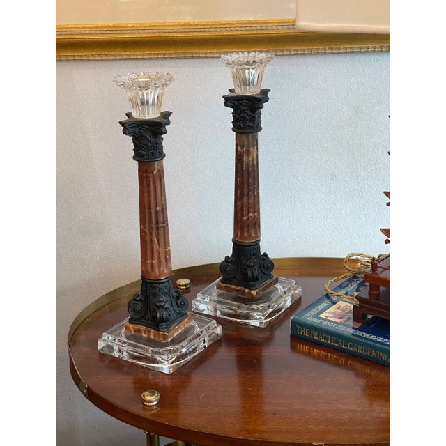 French Antique Pair of Column Marble & Glass Candlesticks/Candleholders For Sale - Image 11 of 13
