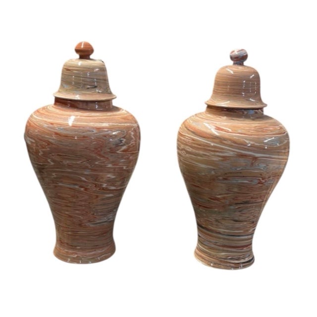 2000 - 2009 Vintage Pair of Swirled Marbled Glaze Ceramic Temple Jars With Lids For Sale - Image 5 of 12