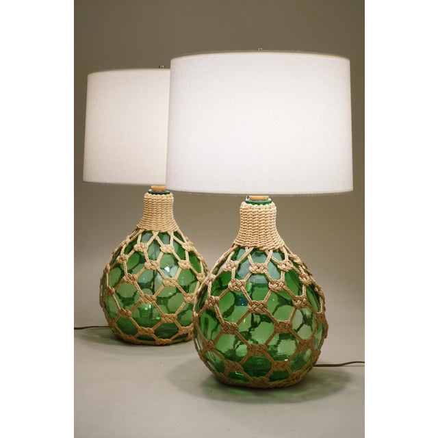 Bottle Green 1970s Matched Pair XL Bottle Green Glass Globe Rope Macrame Net Fish Float Coastal Tiki Table Lamps Nos "New-Old-Stock" Unused For Sale - Image 8 of 13