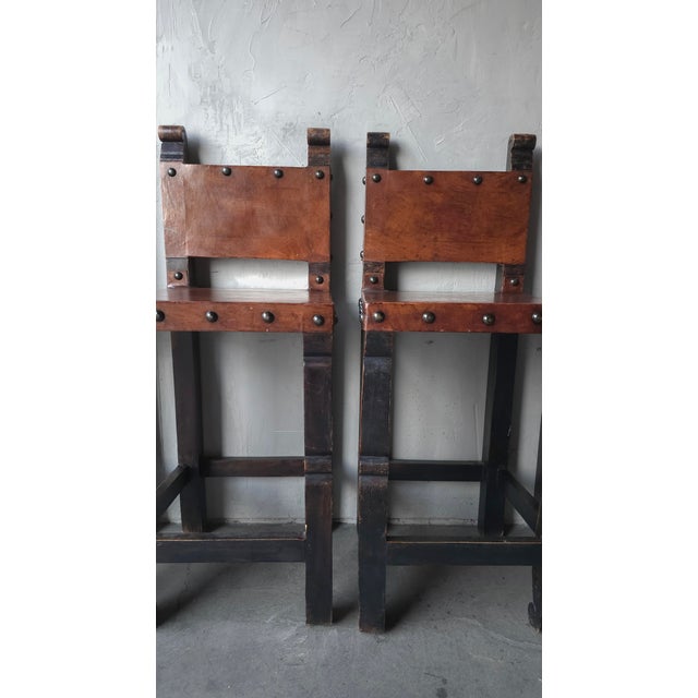 Vintage Spanish Colonial Hacienda Style Leather Bar Stools - Set of 5 For Sale In Las Vegas - Image 6 of 10