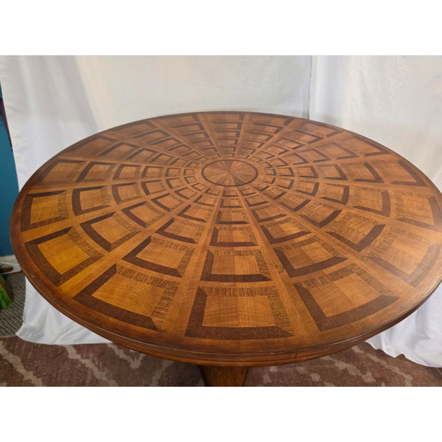 Late 20th Century Theodore Alexander Geometric Inlaid Wood Round Pedestal Dining/Entry Table For Sale - Image 5 of 17