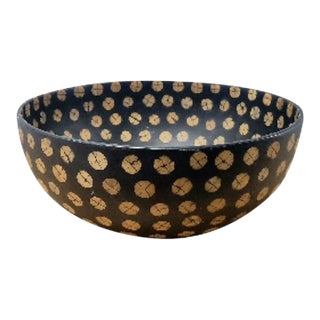 Oversized Hand Caved Wood Coconut Shell Black Tan Dotted Decorative Bowl For Sale