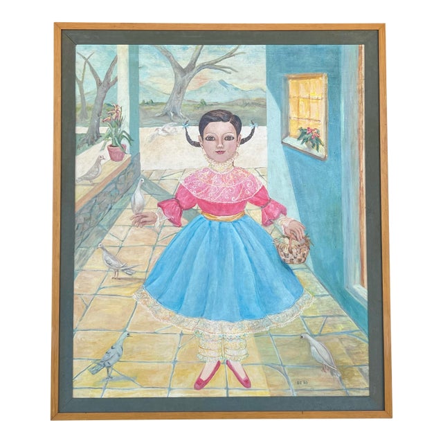 1980s Gene Zolbert Surrealist Painting Girl With Doves For Sale