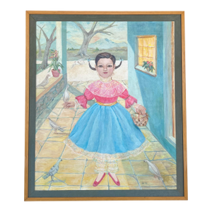 1980s Gene Zolbert Surrealist Painting Girl With Doves