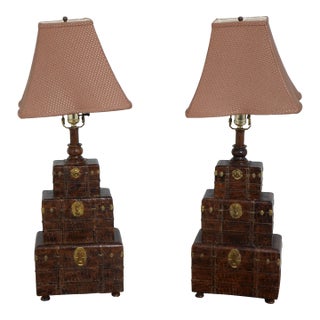 Pair Textured Leather Design Stacking Chest Lamps For Sale