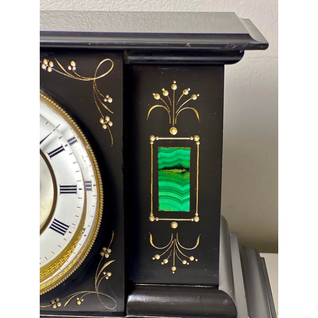 Antique French Belgian Black Slate Mantle Clock With Open Escapement and Malachite Inlay For Sale - Image 9 of 15
