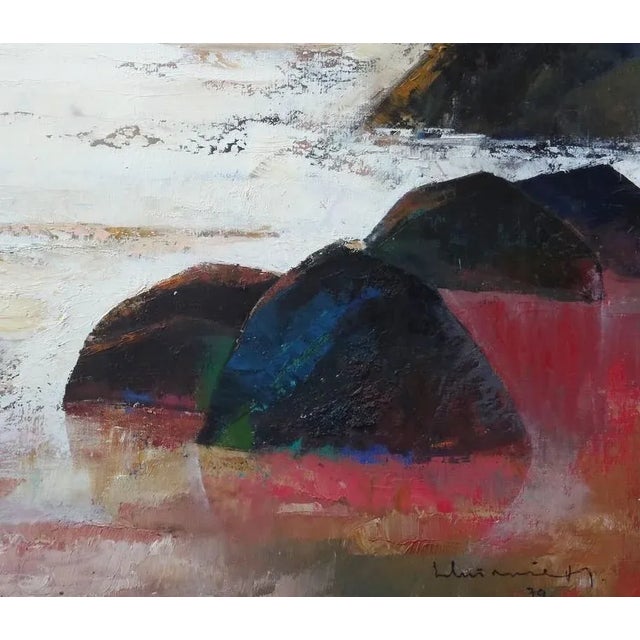 Sunset 1979. Oil on canvas, 84x110 cm the central focus of the artwork is a red sunset scene. The artist's portrayal...