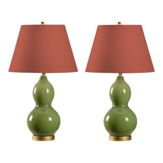 Casa Cosima Double Gourd Table Lamps, Green Craquelure Base with Terracotta Lampshade - A Pair For Sale
