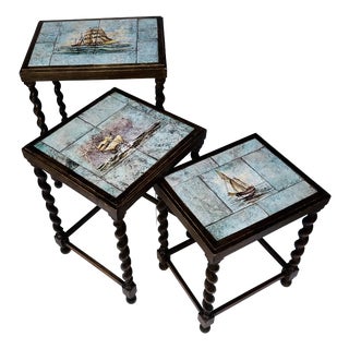 Nesting Tables with Hand-Painted Ceramic Tiles and Barley Twist Legs, Sweden, 1930s, Set of 3 For Sale