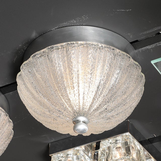 Pair of Mid Century Mottled & Fluted Murano Glass Flush Mount Chandeliers For Sale In New York - Image 6 of 18