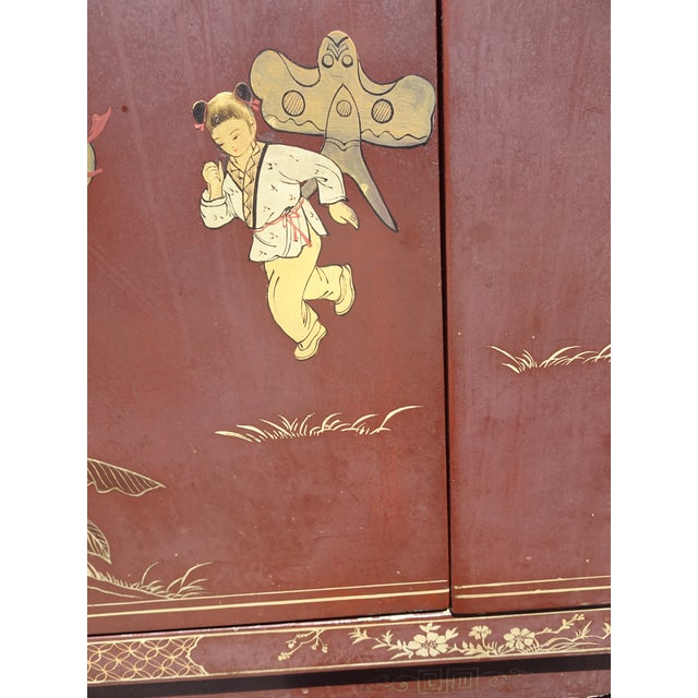 Vintage Chinese Asian Burgundy Lacquer Floral Chinoiserie Cabinet ~ Side Table For Sale - Image 15 of 17