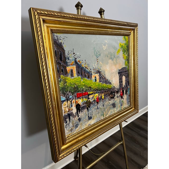 Mid 20th Century Post Impressionist oil-on-canvas painting of a Parisian street scene with the Arc de Triomphe, horse...