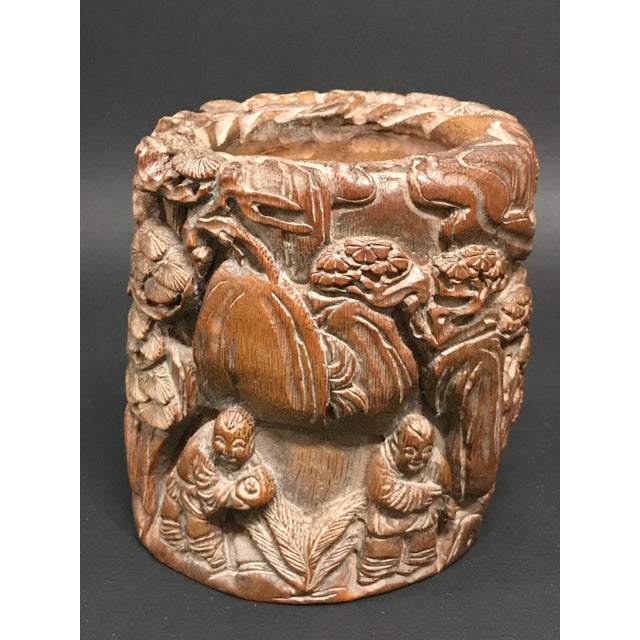 Vintage Chinese Art Carved Bamboo Mountain Villages Scenery Brushpot Sculpture For Sale - Image 9 of 11
