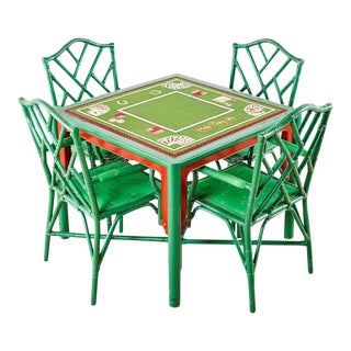 Baker Trompe l'Oeil Card Table With Rattan Armchairs For Sale