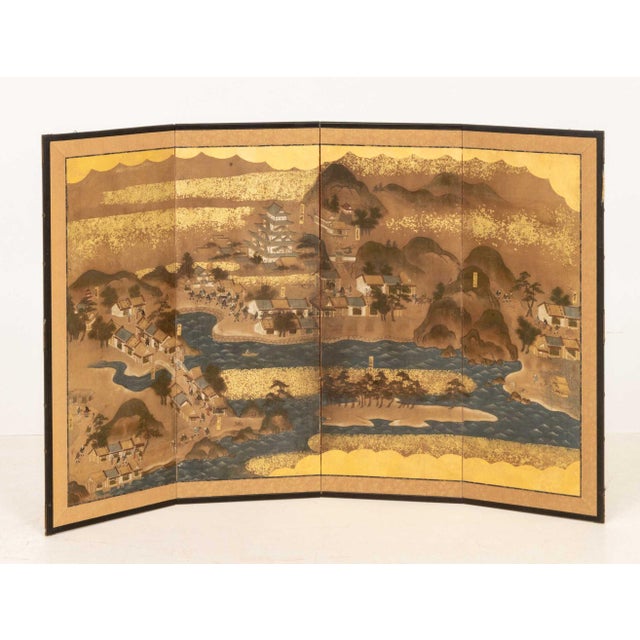 Japanese School Village Landscape Scene Four Panel Byobu Screen, 19th century, gouache on paper, signed to end panel. Each...