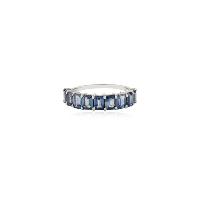 Art Deco Stackable 2.26Ct Square Cut Blue Sapphire Half Eternity Band Ring Size 6.5 in 14k White Gold For Sale - Image 3 of 14