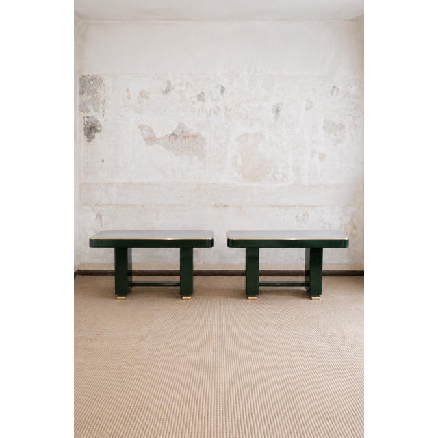 Green Lacquered Console Table with Leather Top and Brass Details, 1970s For Sale - Image 6 of 8