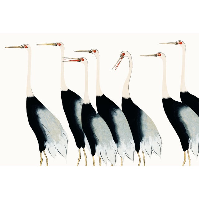 Vintage Japanese cranes illustration, digitally restored and refined for modern interiors. Featuring elegant elongated...