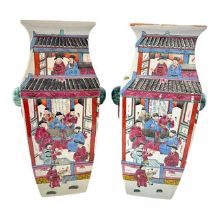 Vintage Chinoiserie Famille Rose Large and Tall Vases - a Pair For Sale