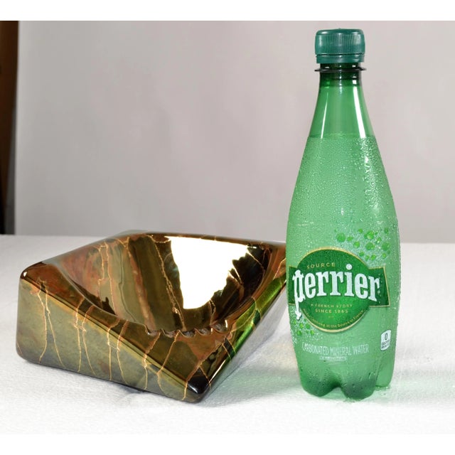 Ceramic 1970s Raymor Style Vintage Bronze Black Gold Glazed Ceramic Asymmetric Ashtray Italy For Sale - Image 7 of 12