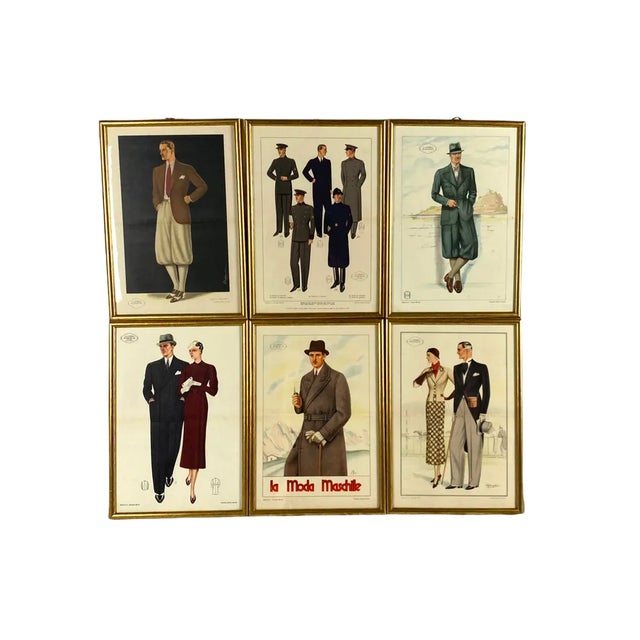 La Moda Maschile, Set of 6 Framed Original Illustrations of Mens Fashion 30s, Italy, 1920s For Sale - Image 3 of 11
