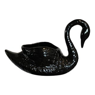 Vintage Black Ceramic Swan Planter - MCM Statement Piece For Sale