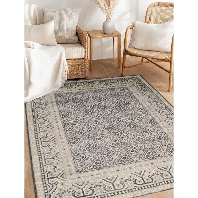 8x10 Rhea Elena Purple Traditional Geometric Hand Knotted Wool Carpet Rug For Sale In New York - Image 6 of 7