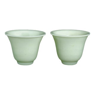 Pair Chinese Peking Glass Wine Cups Jade Color Circa 1920 For Sale