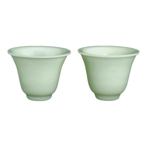 Pair Chinese Peking Glass Wine Cups Jade Color Circa 1920