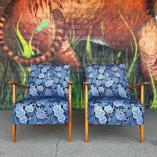 Mid-Century Modern Pair of Mid Century Modern Klaus Haapaniemi & Co. Iceflower Blue Fabric Chairs For Sale - Image 3 of 10
