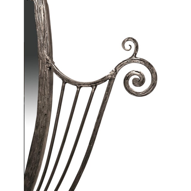 Early 20th Century French Art Deco Hand Wrought Nickeled Iron Oval Mirror W/ Linear & Scroll Detail For Sale - Image 5 of 16