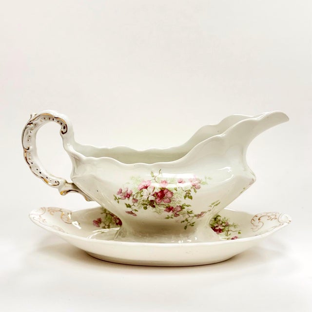 Antique John Maddocks Ironstone Gravy Boat – Pink Floral Gold Trim For Sale - Image 10 of 10