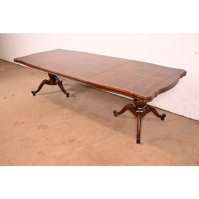 Baker Furniture Style French Regency Walnut and Burl Wood Double Pedestal Extension Dining Table, Newly Refinished For Sale - Image 14 of 14