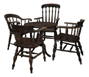 Victorian Oak Tilt-Top Table with Capitan Armchairs in Elm and Mahogany, England, 1890s, Set of 5