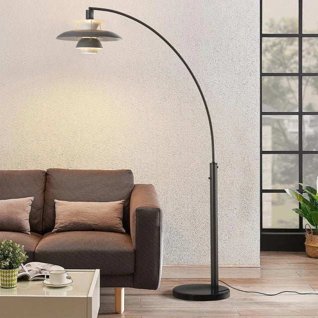 Palm Springs 1 Light Arc Floor Lamp - 87", Gunmetal & Gray Tonal Shades, Marble Base, Dimmer Switch For Sale - Image 9 of 12