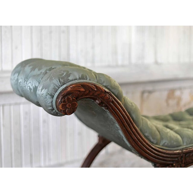 French Bench Antique Hand Carved Detail With Tufted Upholstery For Sale In Providence - Image 6 of 8