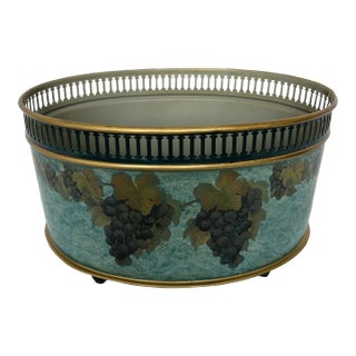 Italian Green Metal Oval Shape Planter With Grape Design For Sale