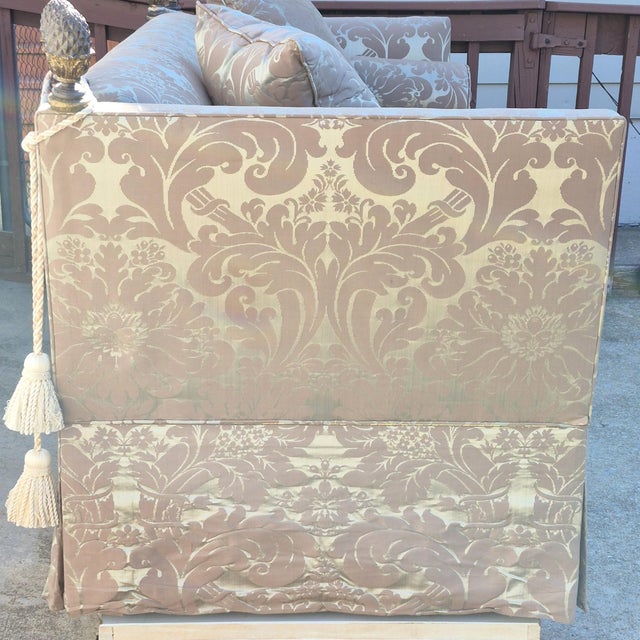 Vintage George Smith Style Silk Damask Knole Sofa 81” Long With Hinged Sides Pineapple Finials Down Cushions For Sale - Image 11 of 17