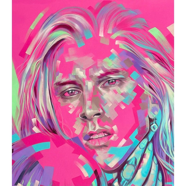 This artwork features two figures, depicted with vibrant, fragmented colors that create a dynamic interplay of light and...
