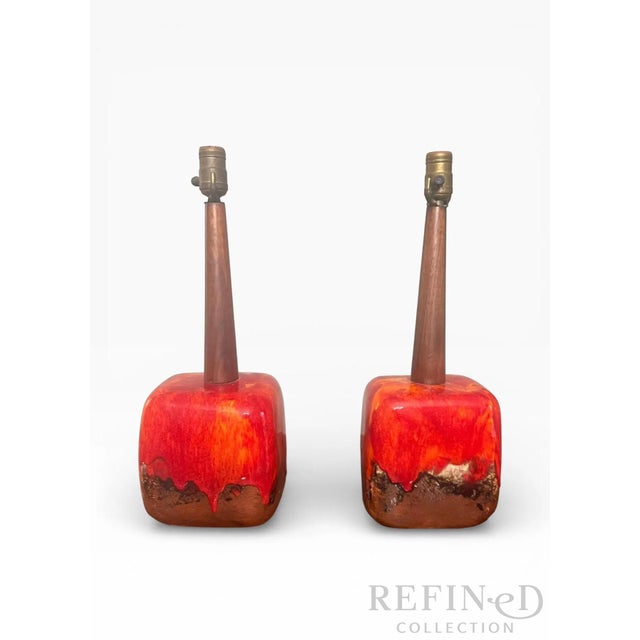 Mid-Century Modern Pair of Mid-Century Modern Lava Glaze Ceramic Table Lamps Attributed to Poole Pottery, Walnut Necks, 26” H, Circa 1960s–1970s For Sale - Image 3 of 16