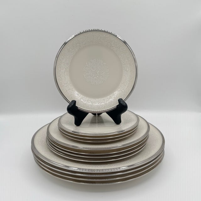 Vintage Lenox Moonspun Ivory & Platinum Dinnerware, Service for 4, Set of 12 For Sale - Image 11 of 11