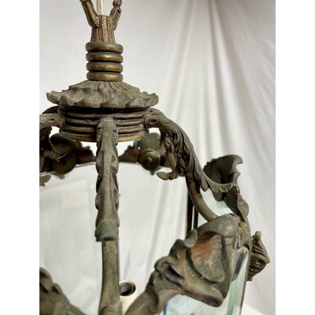 Antique Bronze and Beveled Glass Pendant For Sale In New York - Image 6 of 12