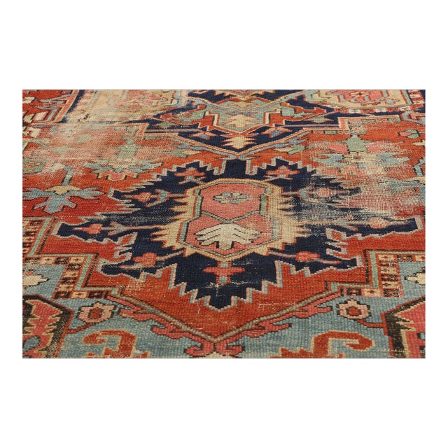 78922 Late 19th Century Antique Persian Serapi Rug, 08'11 x 12'04. This hand-knotted wool distressed antique Persian...