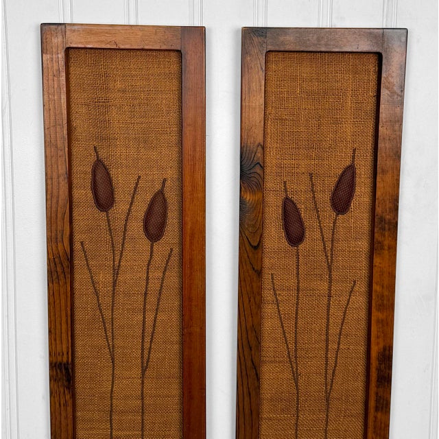 Mid-Century Embroidered Burlap Cattail Framed Wall Art - A Pair For Sale - Image 6 of 11