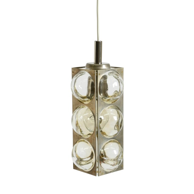 Vintage Space Age Pendant Lamp in Glass and Nickel-Plated Metal by Temde, 1960s For Sale
