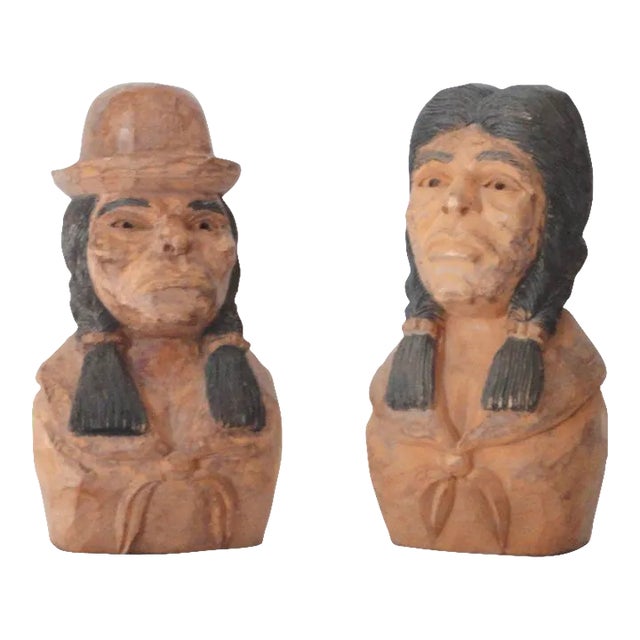 Pair of Folk Hand Carved & Painted Indians -Signed J.I.Lizio For Sale