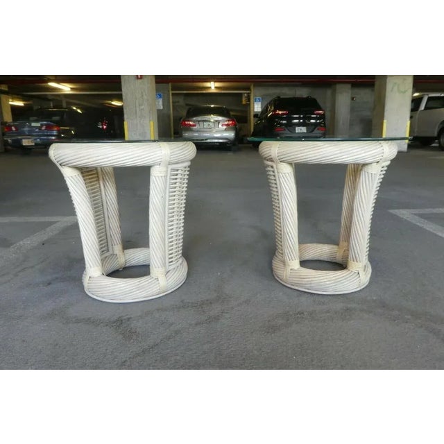 White 1990s Post Modern Designer Beach House Leather Wrapped Rattan End Tables - a Pair For Sale - Image 8 of 10