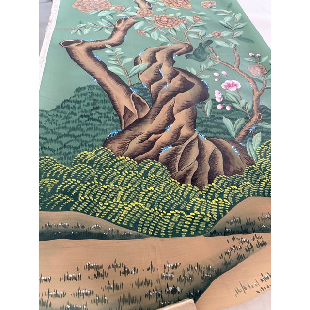 Green Hand-Painted Chinoiserie Wall Panel on Tea Paper | Bird & Floral Botanical Artwork | Unframed Asian Decorative Art For Sale - Image 8 of 8